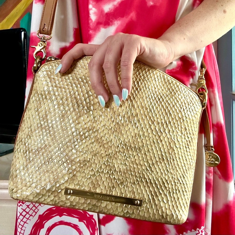 Brahmin Beige Snakeskin Embossed Leather Mini Duxbury Dome Handbag